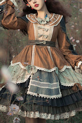 Robe Op Lolita Classique à Volants Étagés de Style Pastoral Rétro Multicolore (Ceinture incluse)